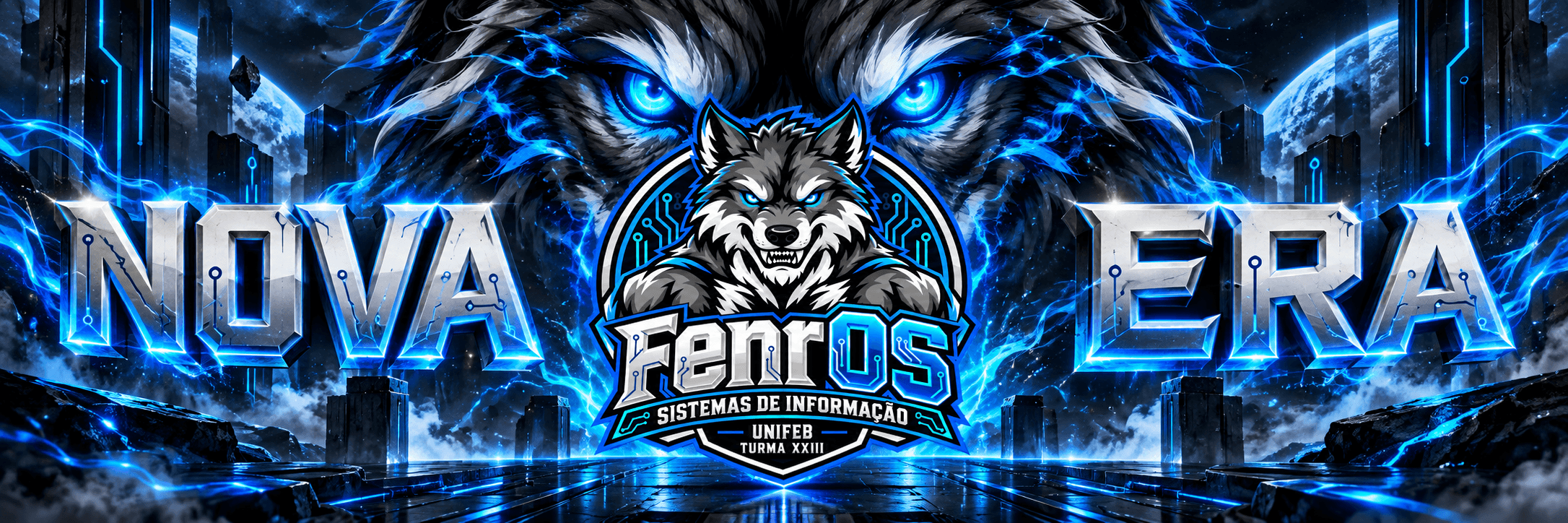 Banner FenrOS — Nova Era: emblema da turma entre as palavras Nova e Era, com os olhos do lobo ao fundo
