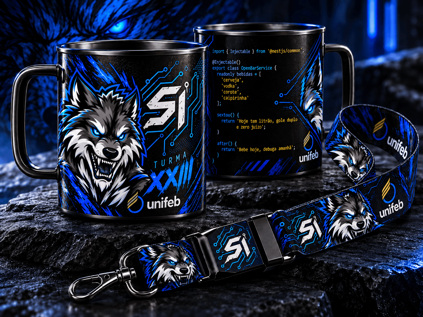 Caneca FenrOS preta com lobo e código impresso